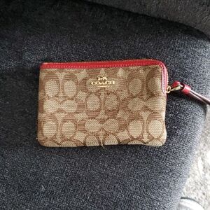 Coach Brown Signature Wristlet with Red Trim